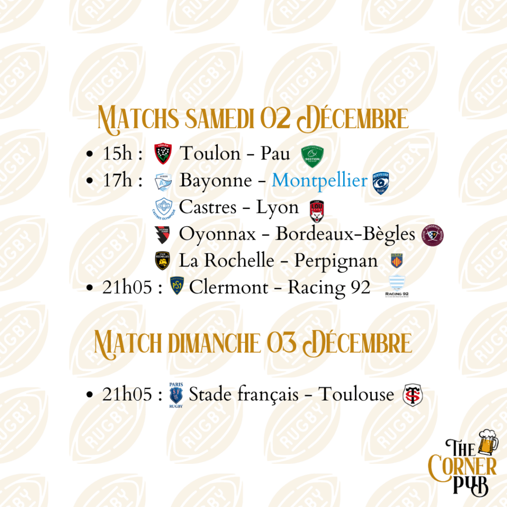 Matchs du week-end- 1, 2 & 3 décembre 2023